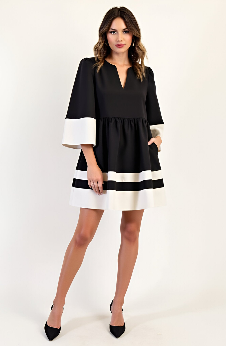 Modenaire Fit-and-Flare Contrast Trim V-Neck Cuffed Sleeve Mini Dress, Alternate, color, Black / White