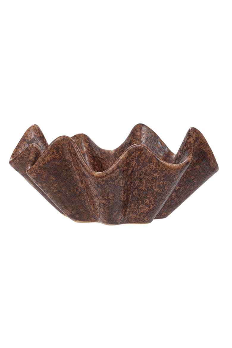 Round Stoneware Ruffled Bowl with Reactive Glaze, Brown, Alternate, color, Brown