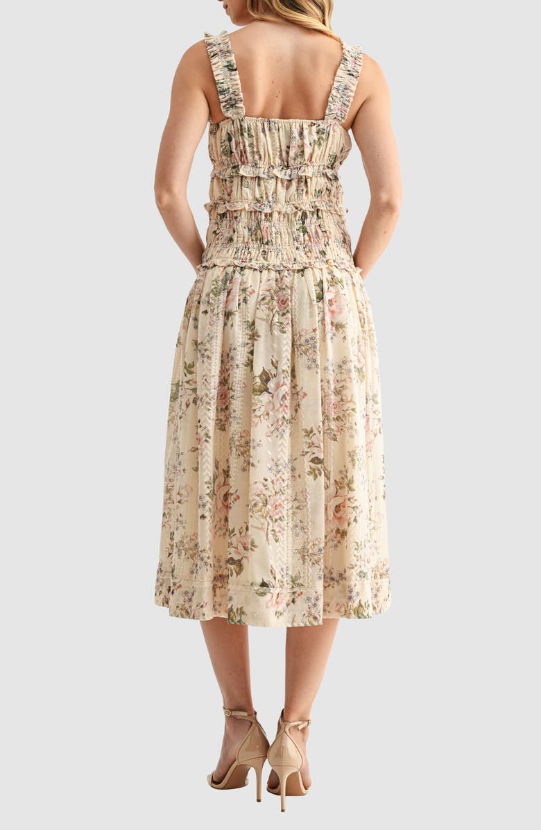 Mila Mae Floral Print Ruched Midi Dress, Alternate, color, Cream Floral
