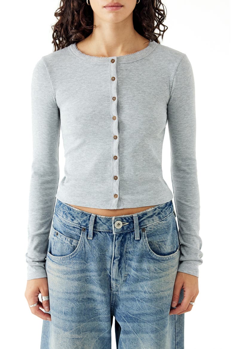Button-Up Long Sleeve Rib Top, Main, color, GREY MARL