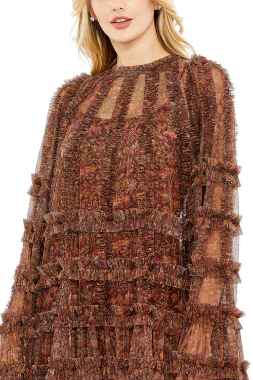 Mac Duggal Floral Print Long Flare Sleeve Mesh A-line Dress In Brown Multi