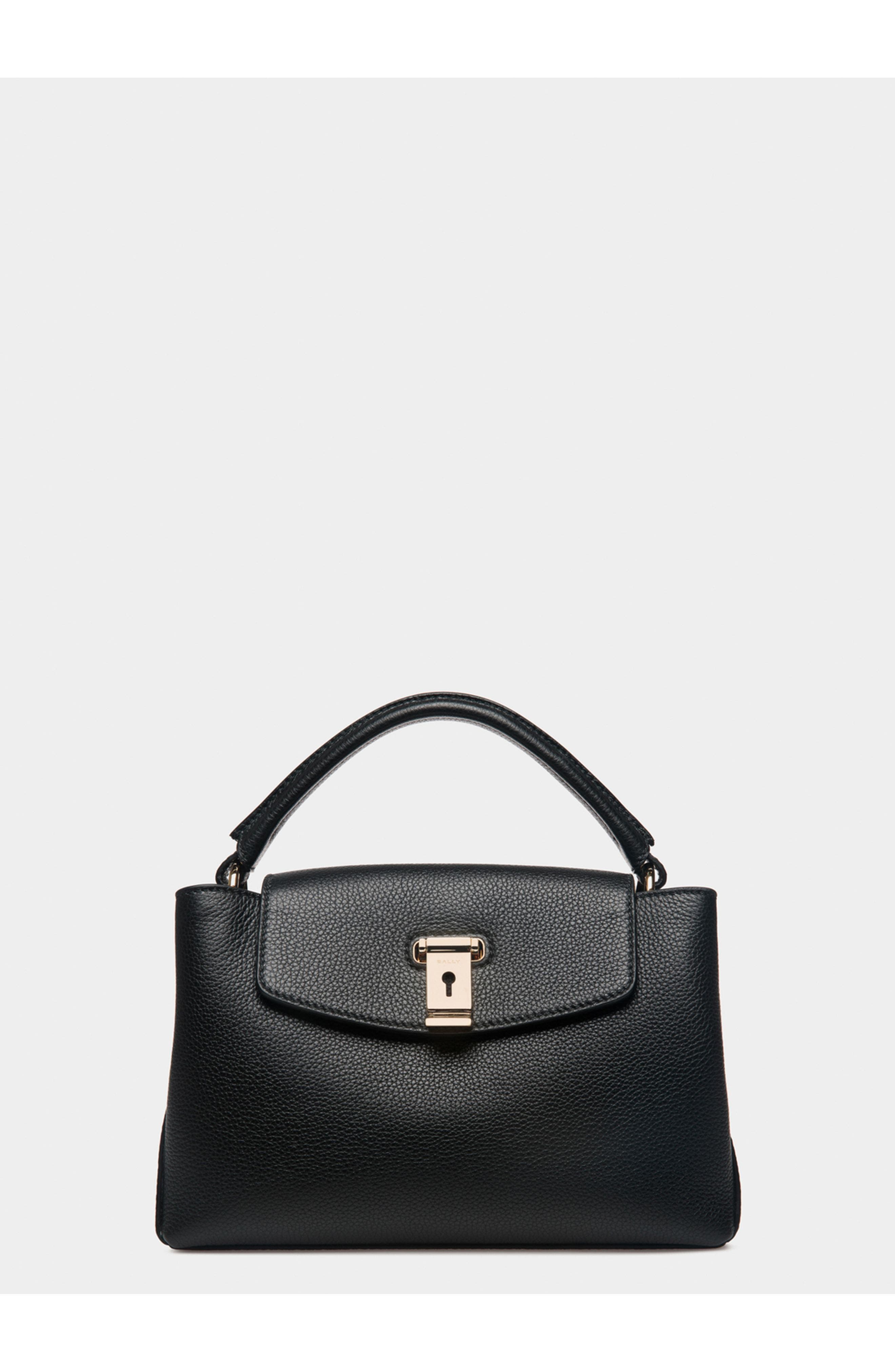 Bally Lock Me Small Top Handle Bag In Grained Leather, Main, color, Black