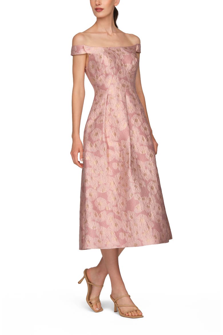 Alina Metallic Floral Jacquard Off the Shoulder Midi Cocktail Dress, Alternate, color, PINK MULTI