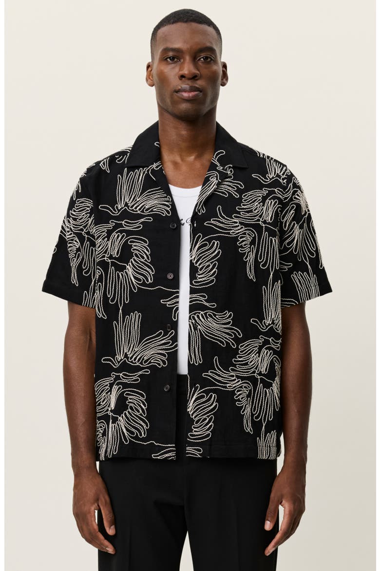 Liam Floral Embroidered Camp Shirt, Alternate, color, BLACK