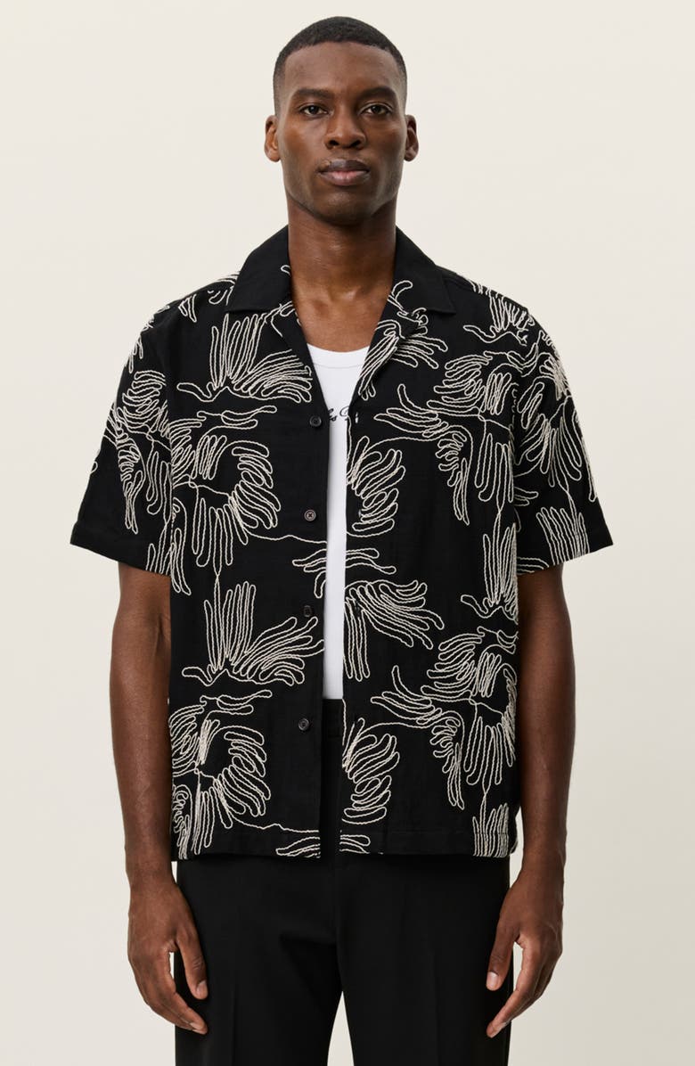 Les Deux Liam Floral Embroidered Camp Shirt, Alternate, color, Black