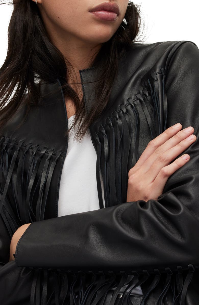 AllSaints Reema Fringe Leather Jacket, Alternate, color,