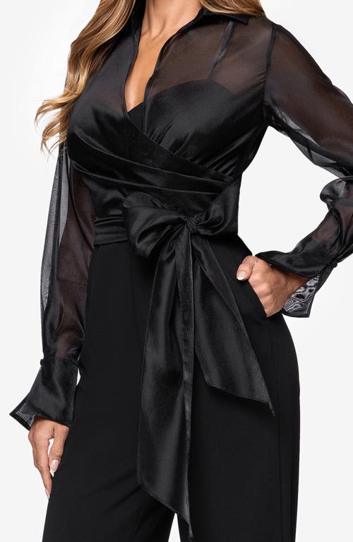 Xscape Evenings Mixed Media Long Sleeve Jumpsuit In Black