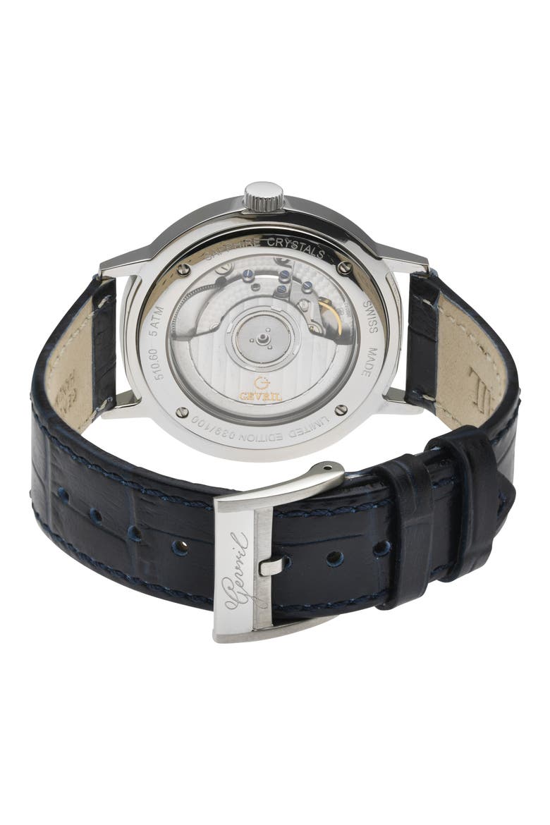Guggenheim Ultra Thin Automatic Leather Strap Watch, Alternate, color, BLUE