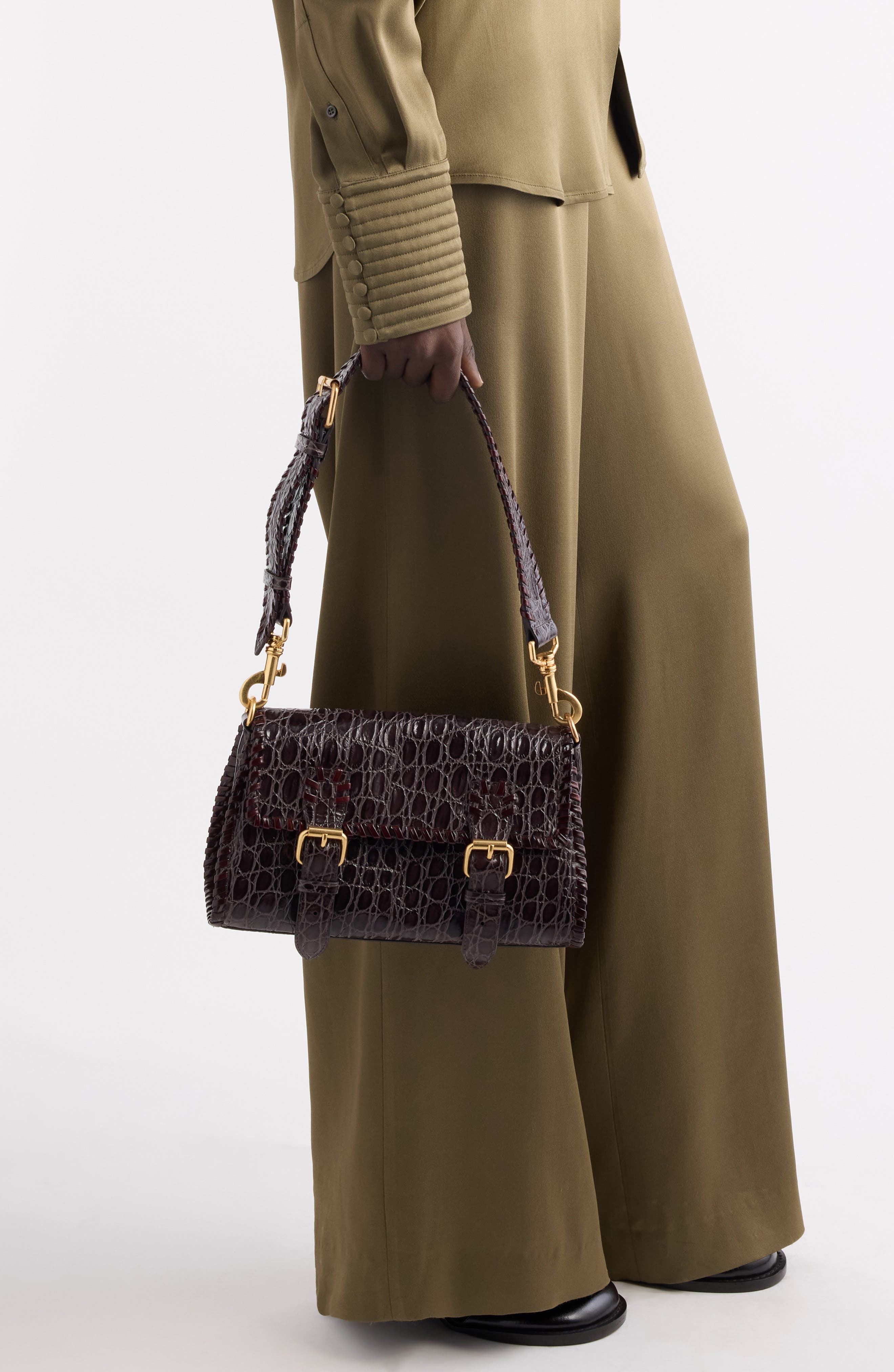 Dries Van Noten Croc Embossed Leather Satchel, Alternate, color, Taupe