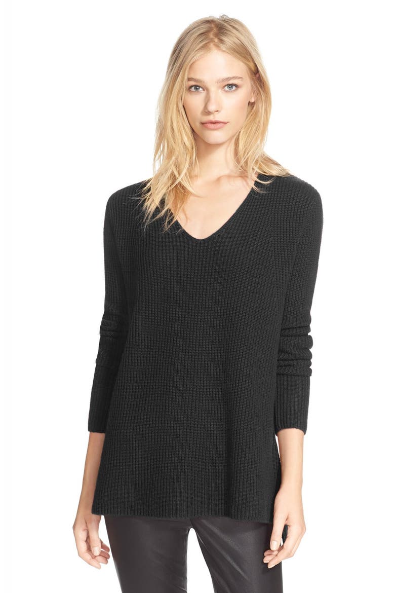 Ribbed V-Neck Cashmere Sweater, Main, color, BLACK
