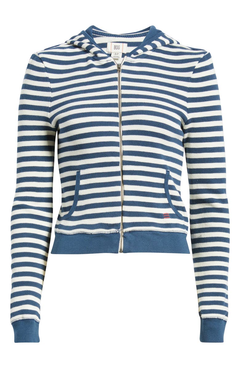 BDG Urban Outfitters Stripe Waffle Stitch Crop Zip Hoodie, Alternate, color, Navy