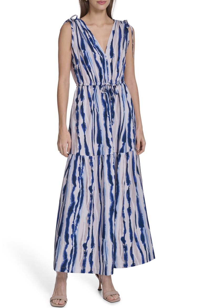 Sleeveless Drawstring Waist Maxi Dress, Main, color, INDIGO MULTI
