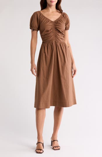 Mila Mae Ruched Detail Midi Dress In Mushroom