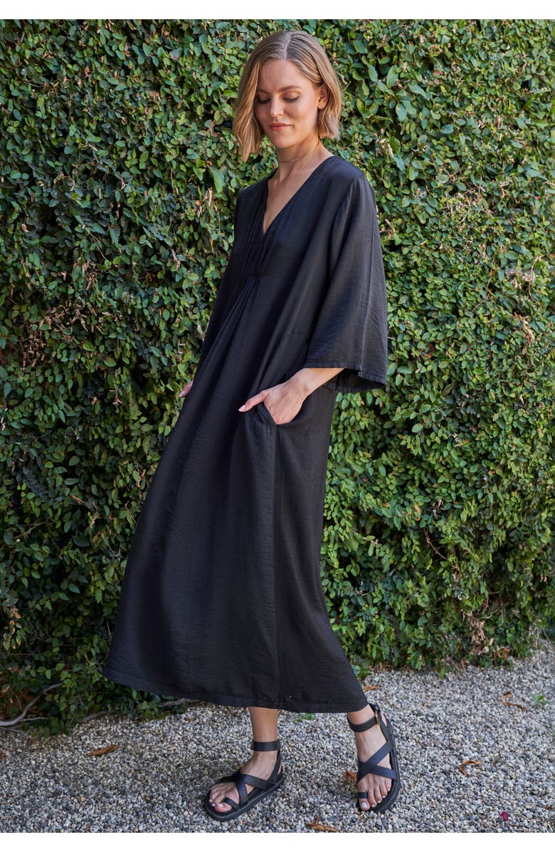ocean+main Cupro Rouched Front Caftan, Alternate, color, Black