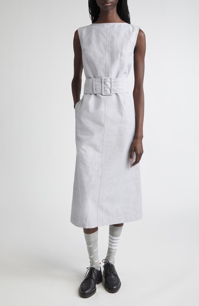 Thom Browne Stripe Bateau Neck Linen Blend Column Dress, Main, color, Light Grey