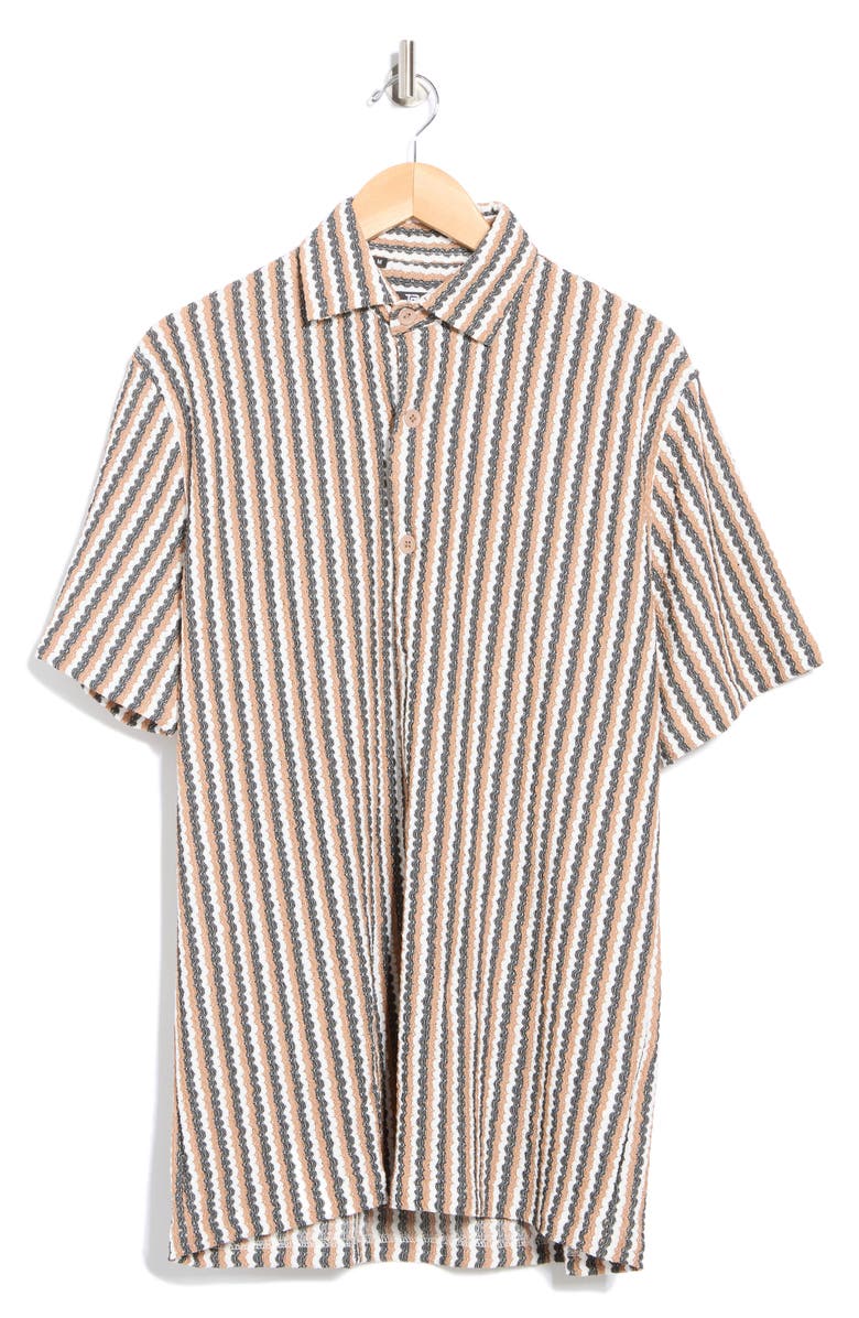 T.R. PREMIUM Stripe Knit Short Sleeve Button-Up Shirt, Alternate, color, Camel