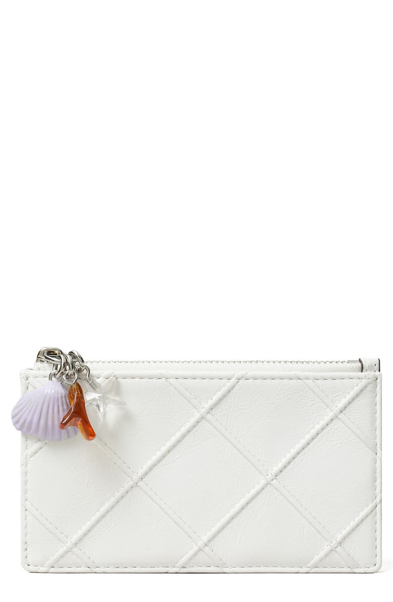 Tory Burch Fleming Charm Distressed Leather Zip Card Case, Main, color, Cirrus Cloud