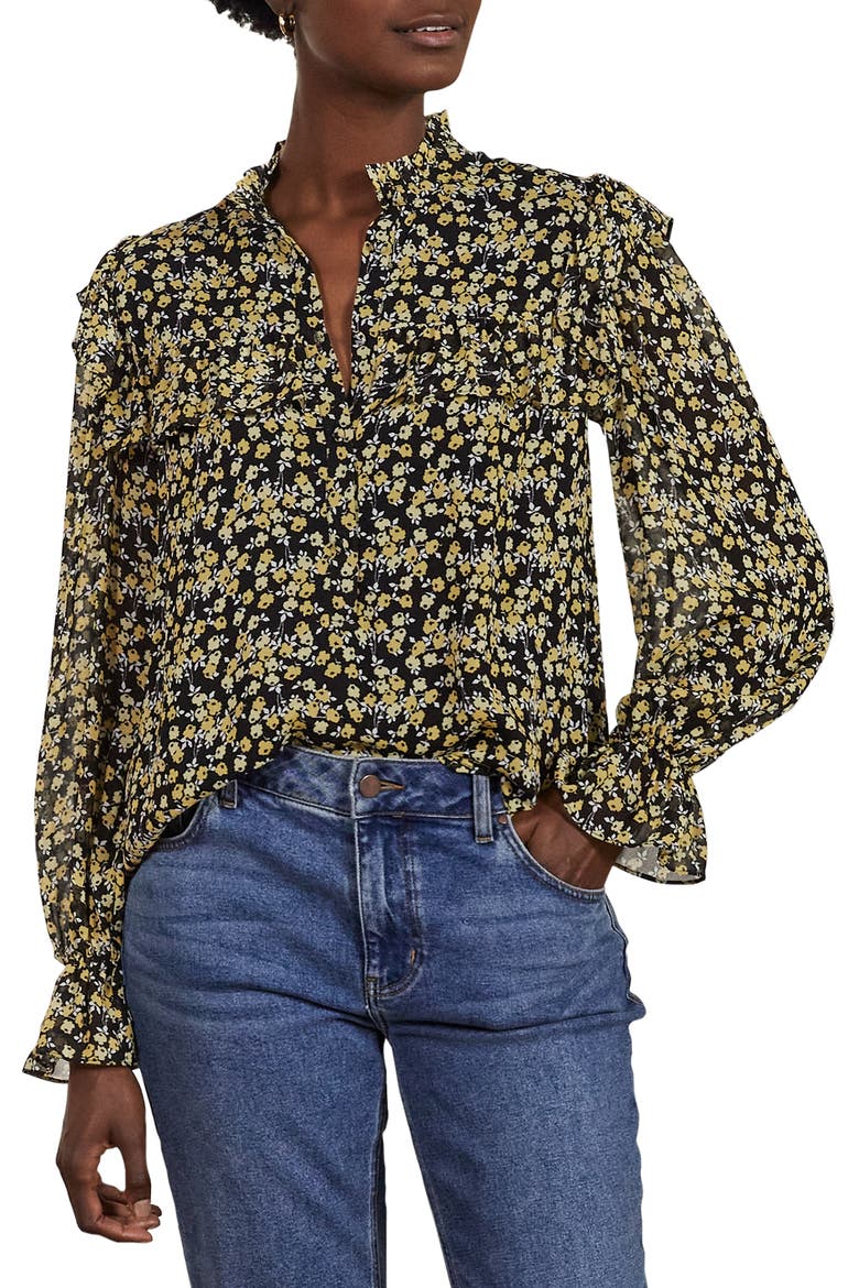 Zoe Floral Ditsy Ruffle Detail Blouse, Main, color, BLACK ABSTRACT SPRIG