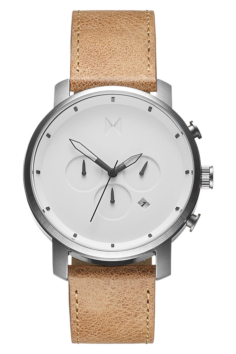 MVMT Chronograph Leather Strap Watch, 45mm, Main, color, TAN/ WHITE/ SILVER