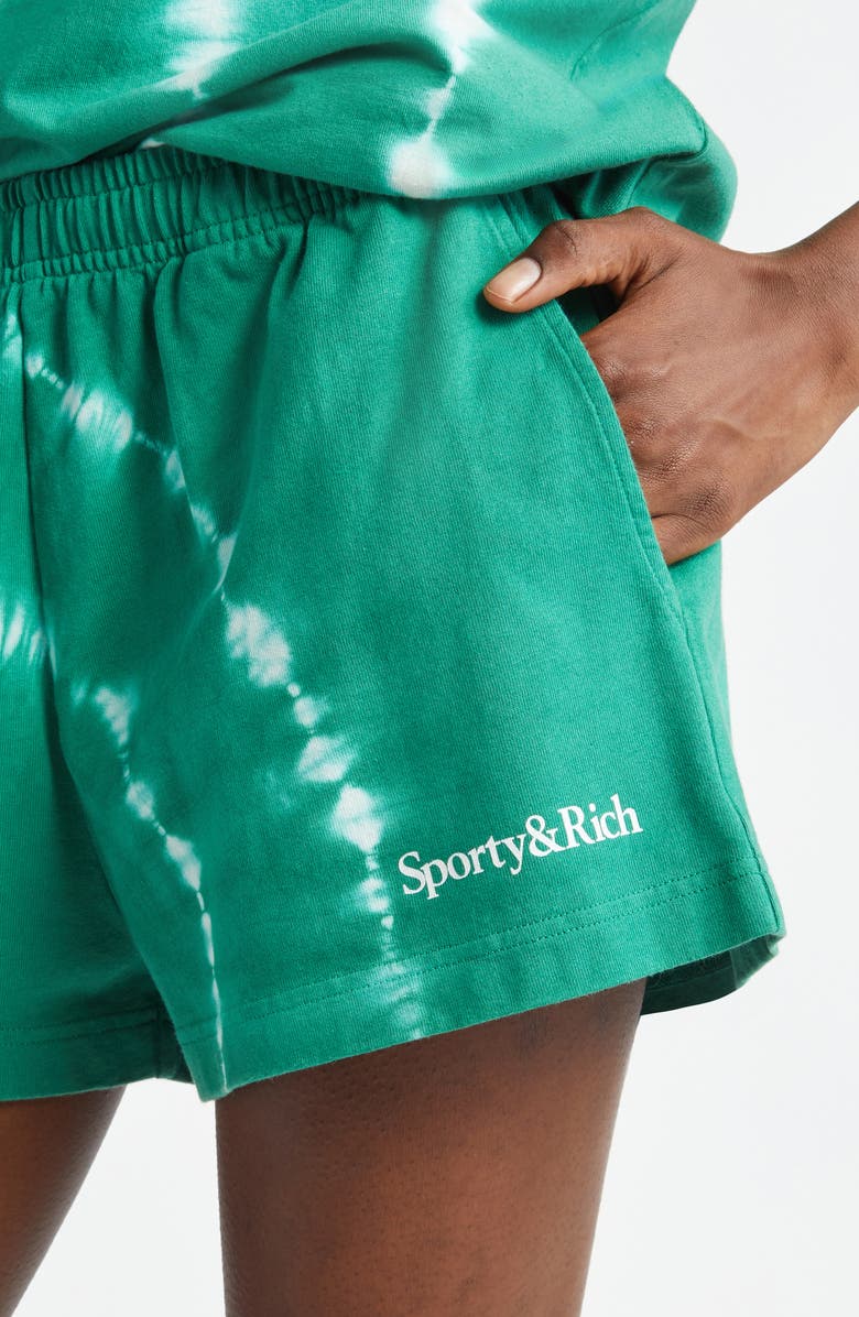 Sporty & Rich Serif Tie Dye Logo Cotton Disco Shorts, Alternate, color, Gemstone Tie Dye