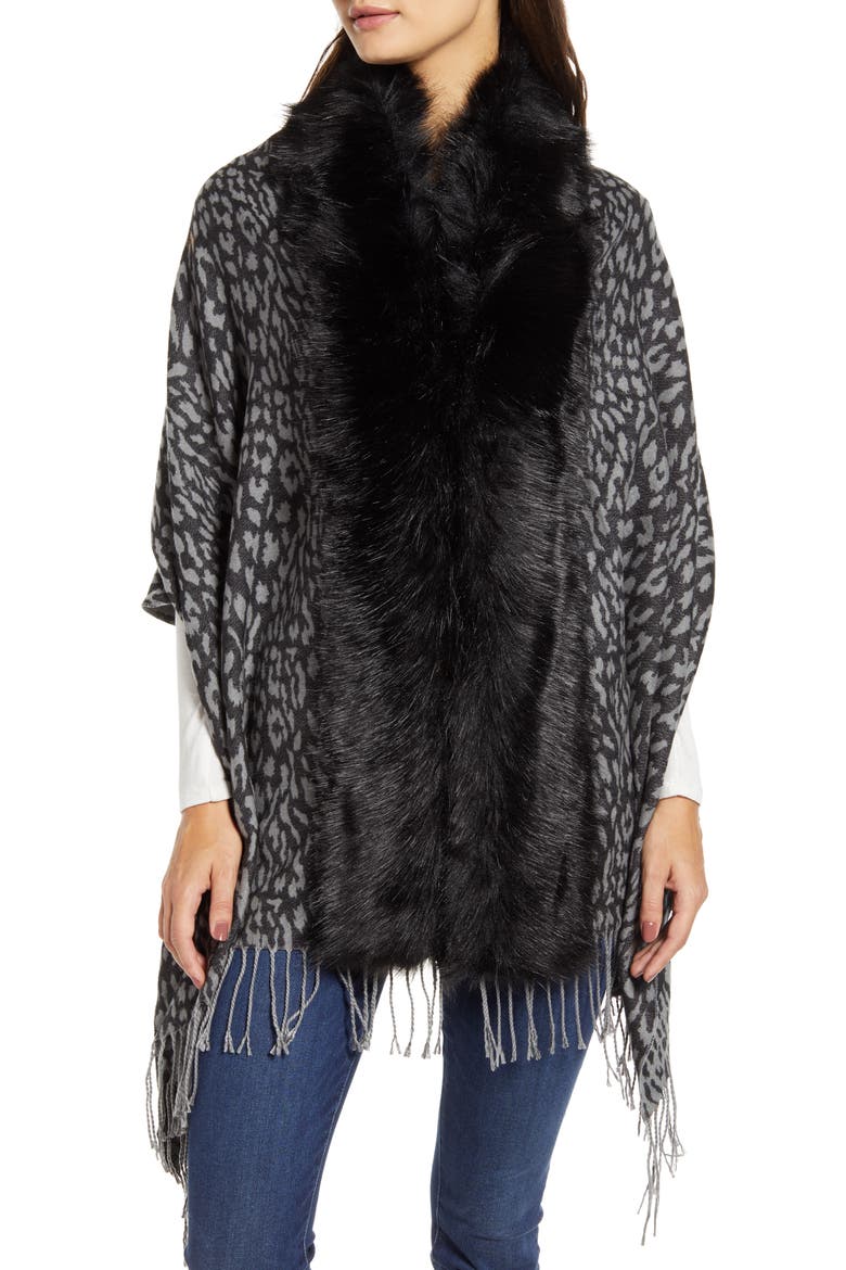 Faux Fur Trim Knit Wrap, Alternate, color, GREY LEOPARD