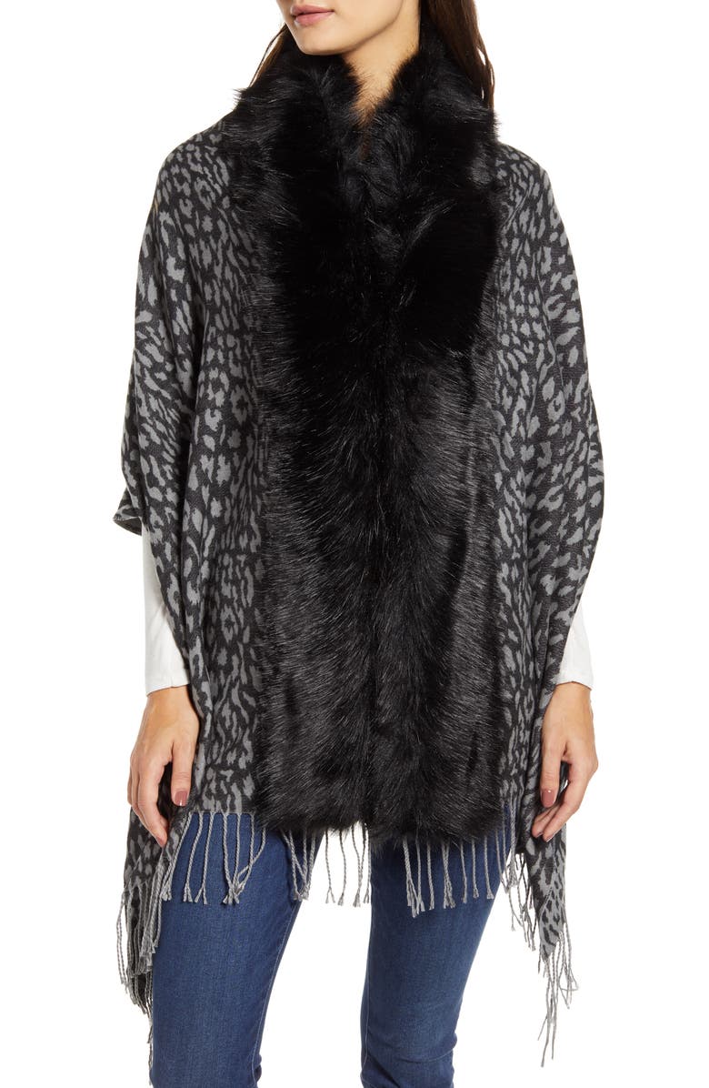 Love Token Faux Fur Trim Knit Wrap, Alternate, color, 
