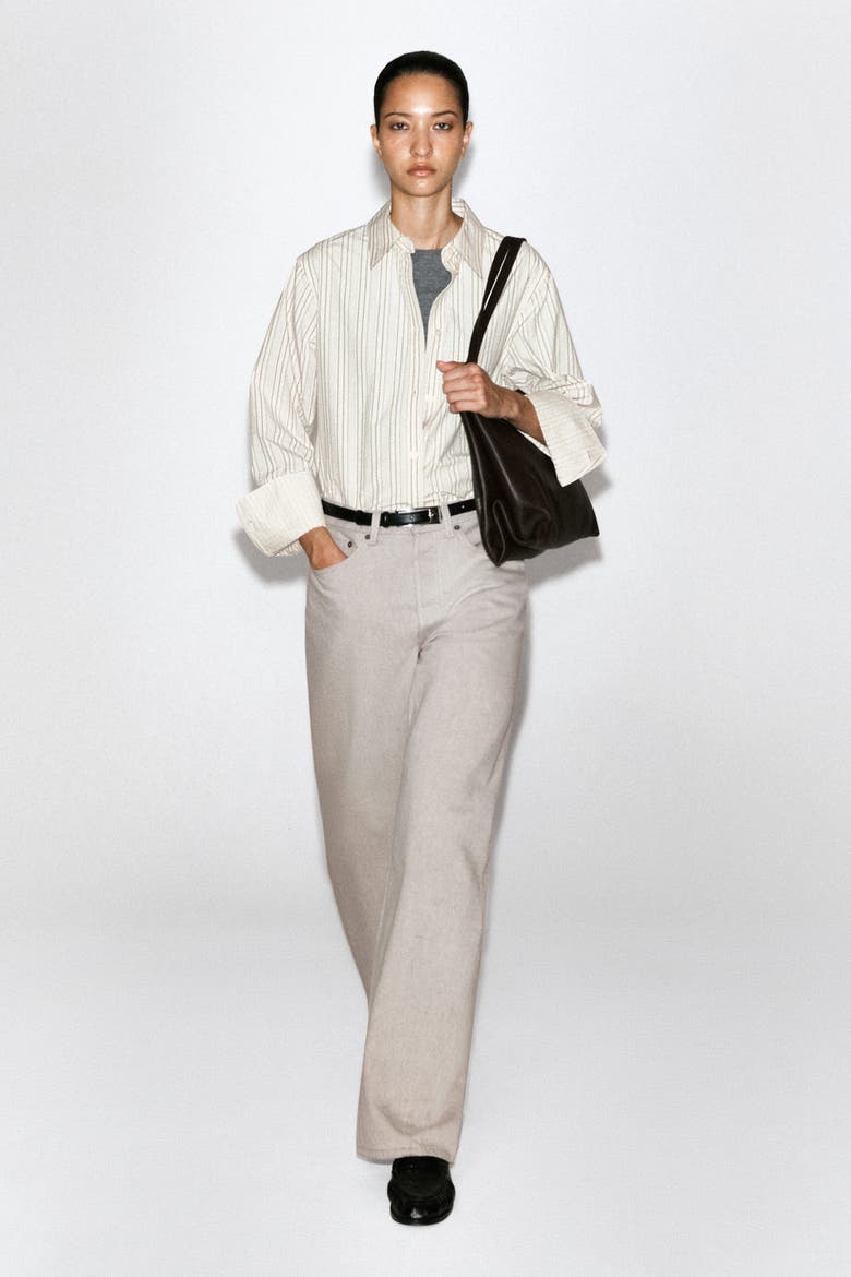 Bonded-Paneled Cotton Shirt, Alternate, color, BUTTERMILK / GRAY / STRIPED