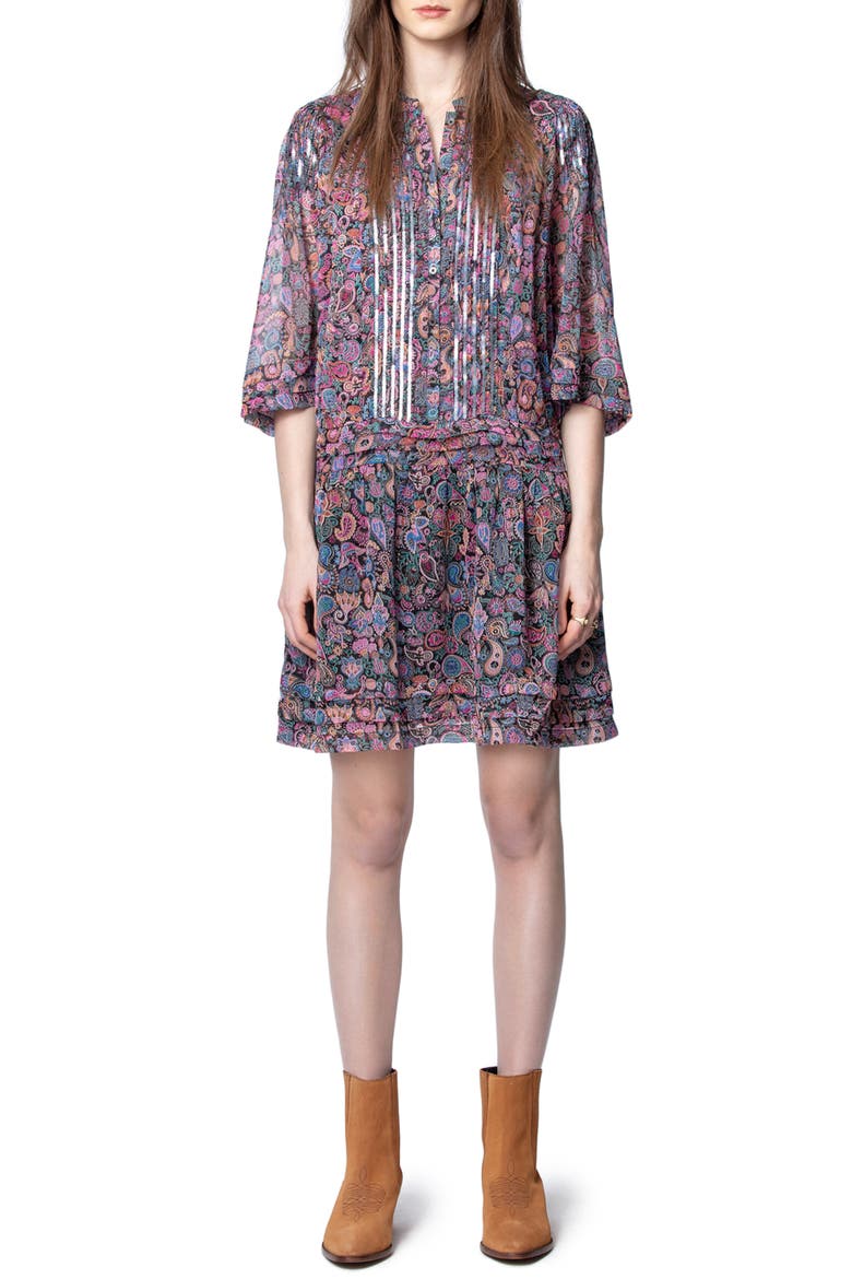 Rimo Mandala Sequin Trim Floral Dress, Main, color, NOIR