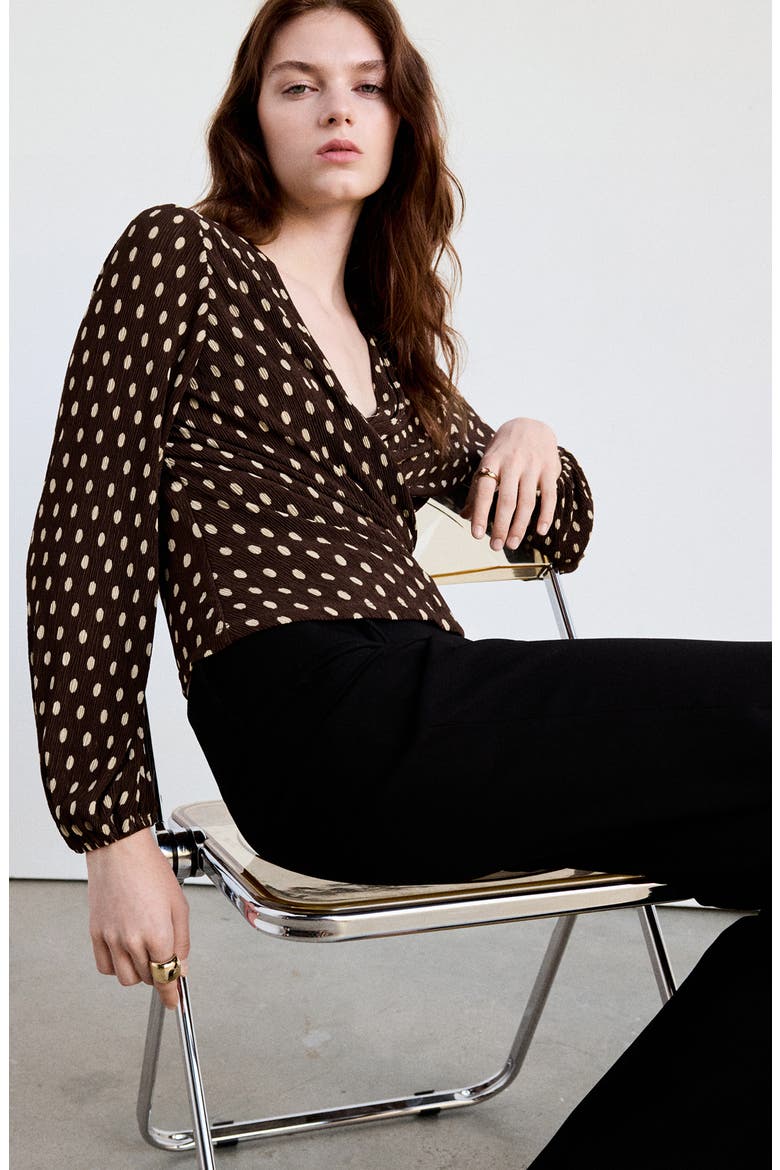 Dot Print Pleated Wrap Top, Alternate, color, BROWN