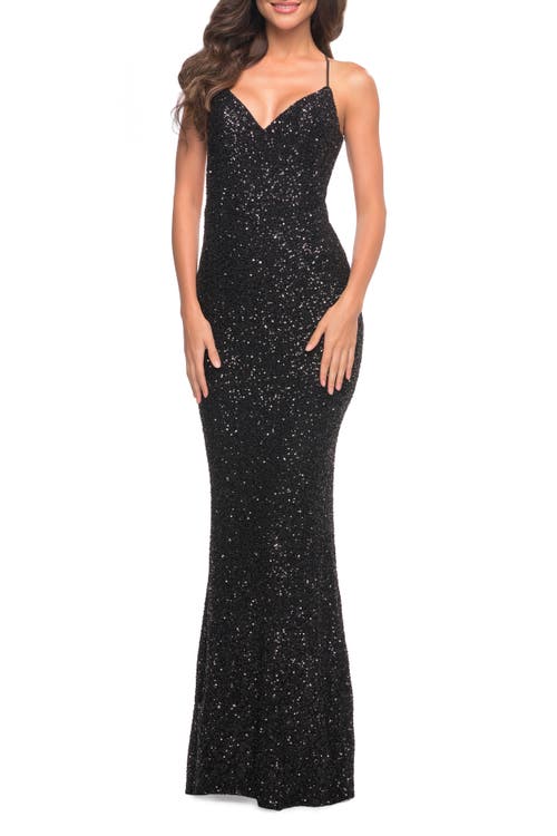 La Femme Luxurious Soft Sequin Dress With V Neckline