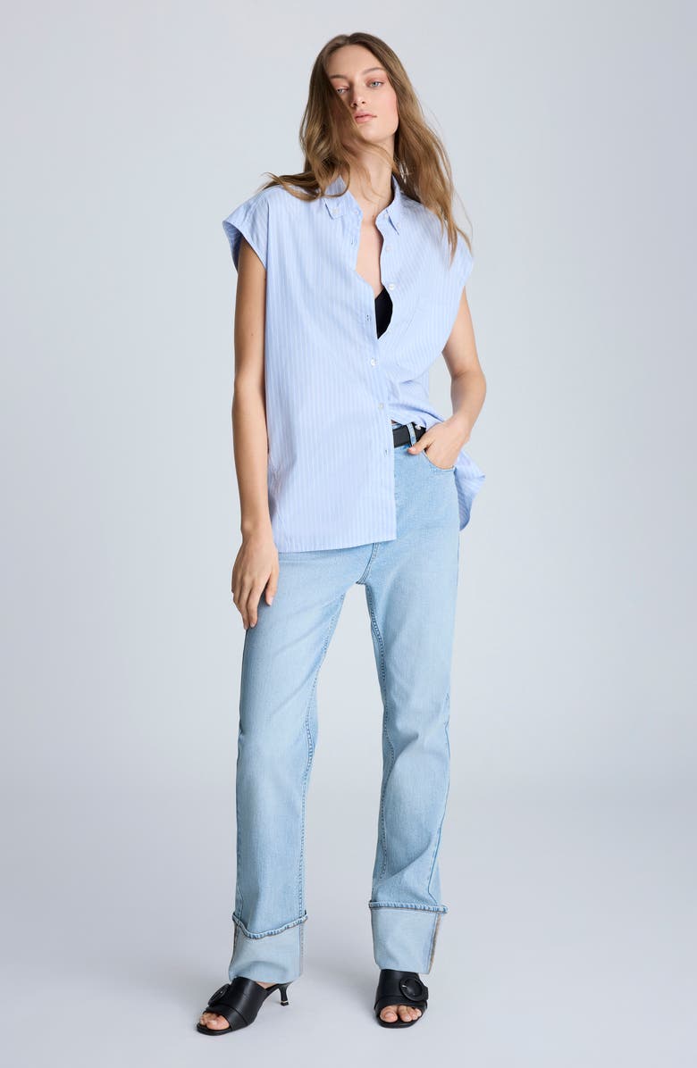 Kenneth Cole Oversize Stripe Cap Sleeve Button-Down Shirt, Alternate, color, Shadow Blue/ Pure White