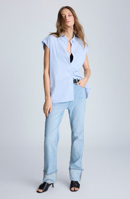 Kenneth Cole Oversize Stripe Cap Sleeve Button-down Shirt In Shadow Blue/pure White
