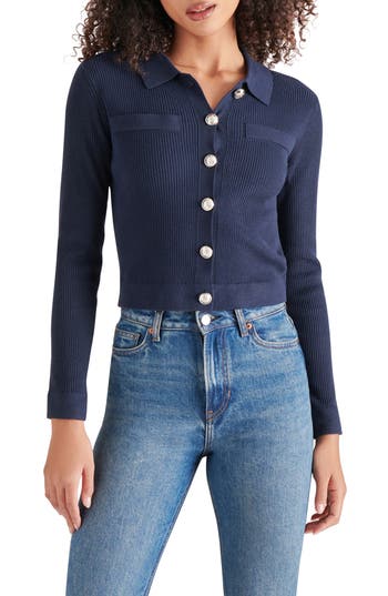 Steve Madden Ayda Collar Rib Cardigan In Blue
