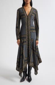Veronica Beard Skye Tile Print Long Sleeve Handkerchief Hem Silk Blend Shirtdress