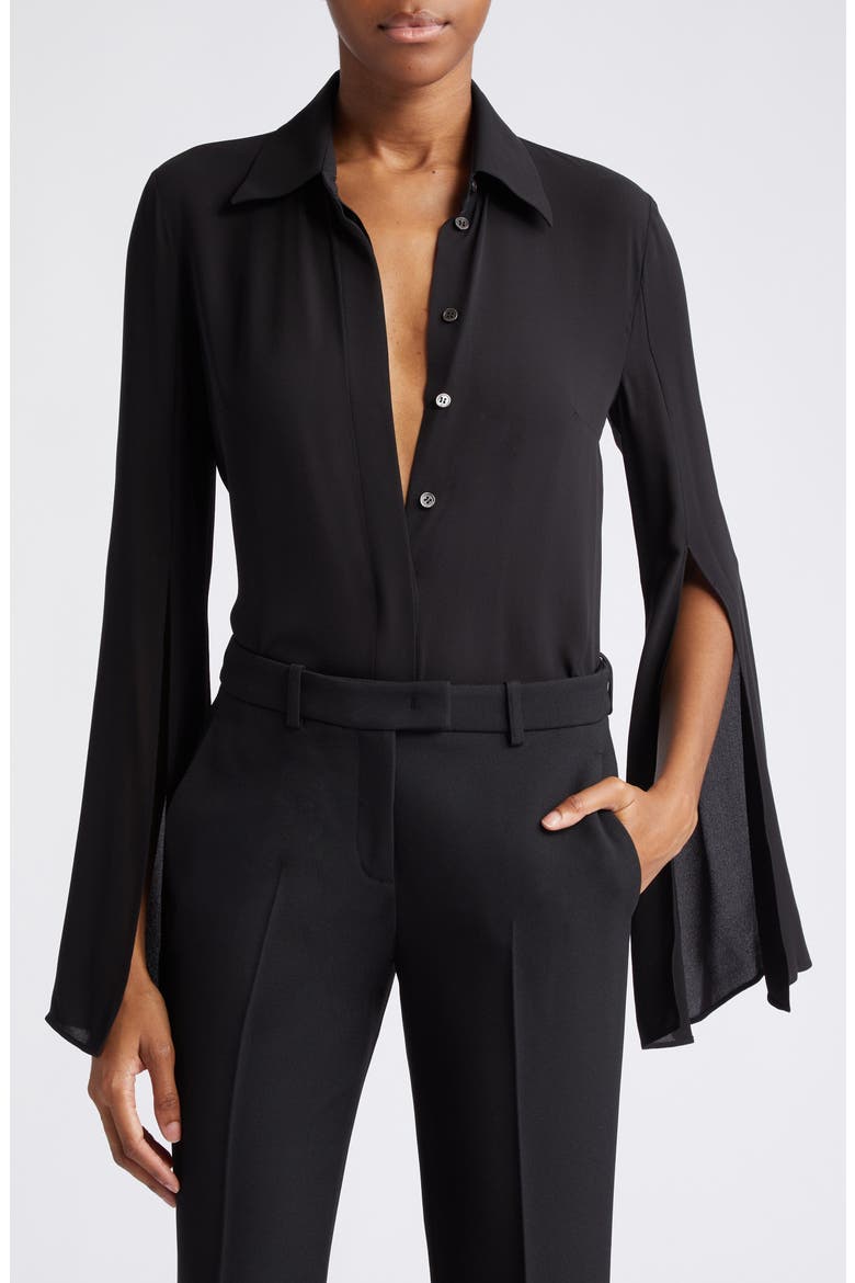 Split Sleeve Silk Georgette Button-Up Shirt, Main, color, BLACK