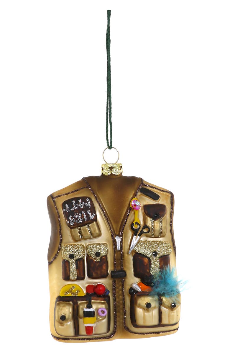Cody Foster & Co. Fly Fisherman's Vest Glass Ornament, Main, color, Beige Multi