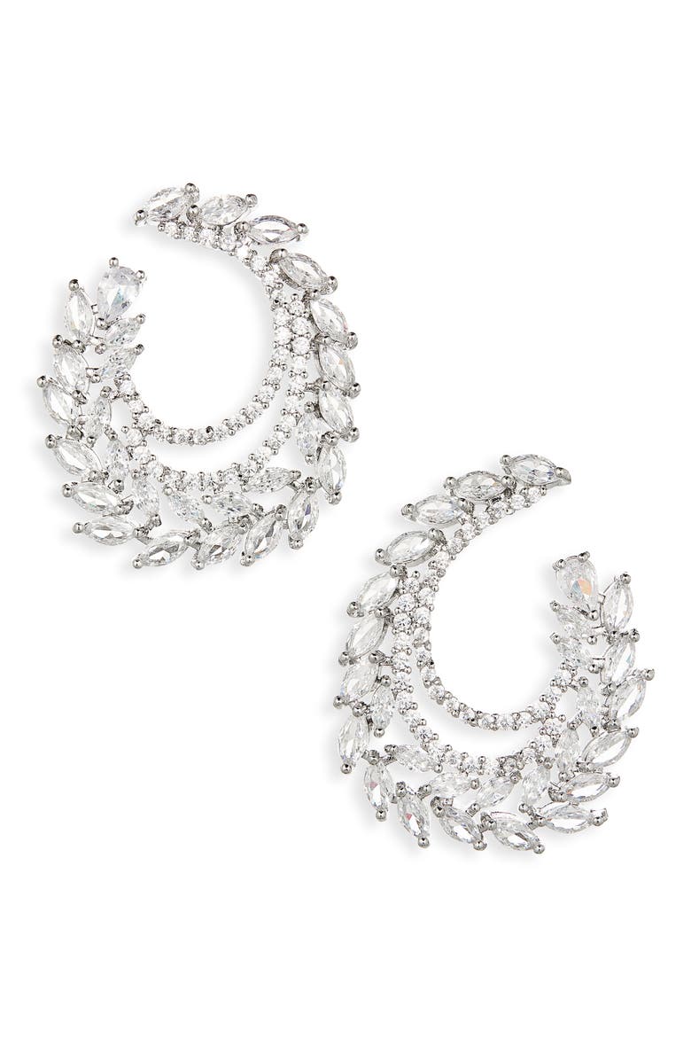 Crystal Leaf Swirl Earrings, Main, color, SILVER
