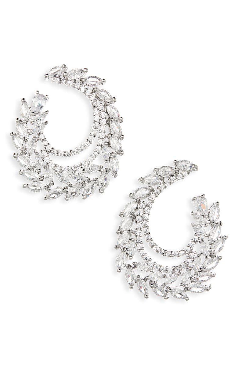 Cara Crystal Leaf Swirl Earrings, Main, color, Silver