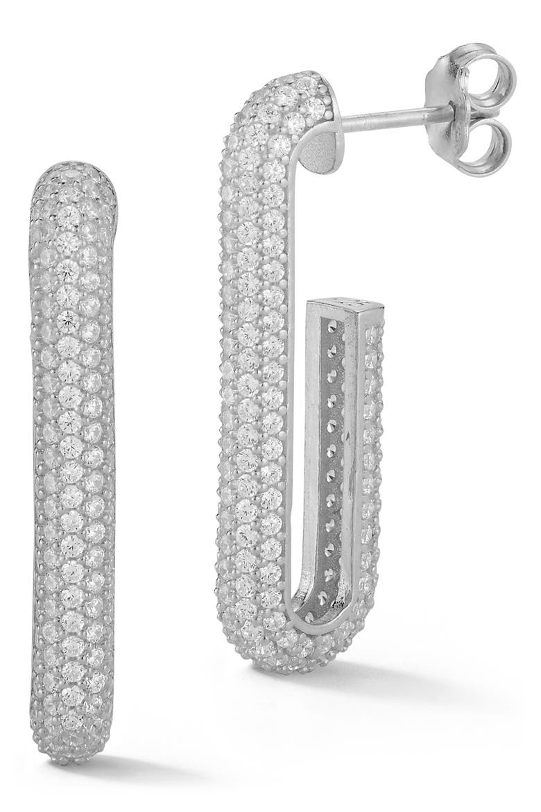 Pavé Cubic Zirconia J-Hoop Earrings, Main, color, SILVER