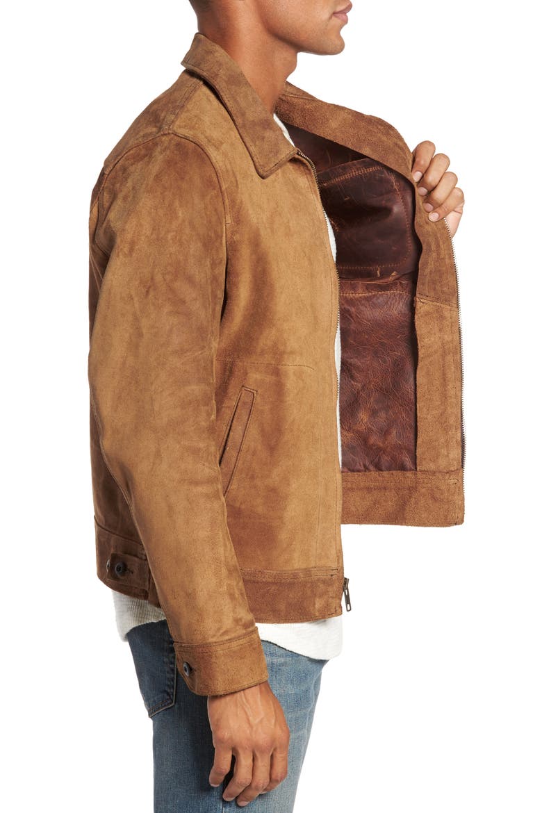 Unlined Rough Out Oiled Cowhide Trucker Jacket, Alternate, color, BROWN