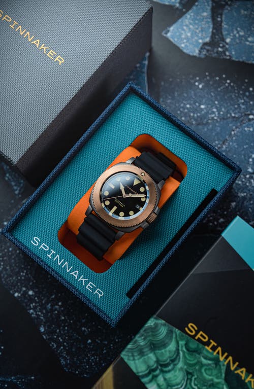Spinnaker Hull Titanium Bronze Automatic Lapidary Black Onyx Silicone Strap Watch, 42mm In Black