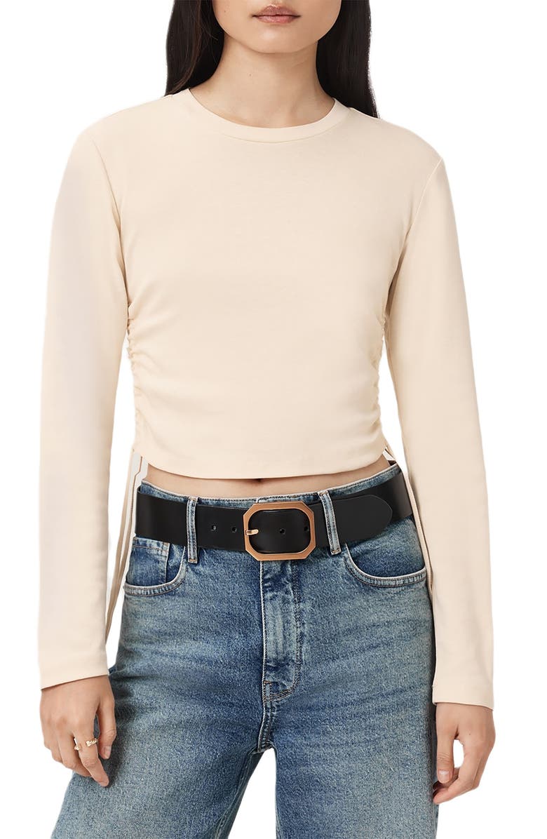 AllSaints Sonny Side Ruched Cotton Top, Main, color, Tofu White