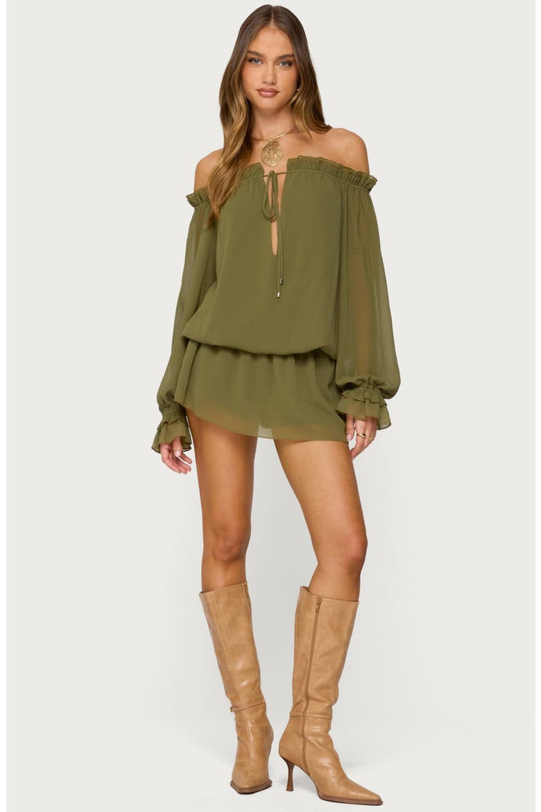 Delphine Off the Shoulder Long Sleeve Chiffon Romper, Alternate, color, OLIVE