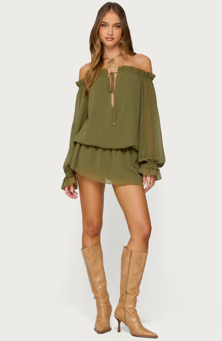 EDIKTED Delphine Off the Shoulder Long Sleeve Chiffon Romper, Alternate, color, Olive