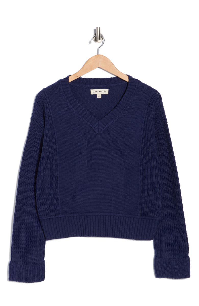 Lucky Brand Textured V-Neck Sweater, Alternate, color, Medieval Blue