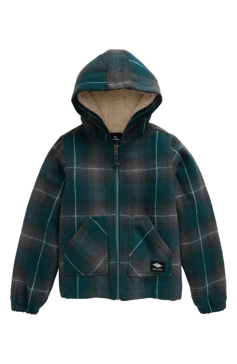 Rip Curl Kids' Surf Check Plaid Hooded Zip-Up Jacket, Main, color, Blue Green