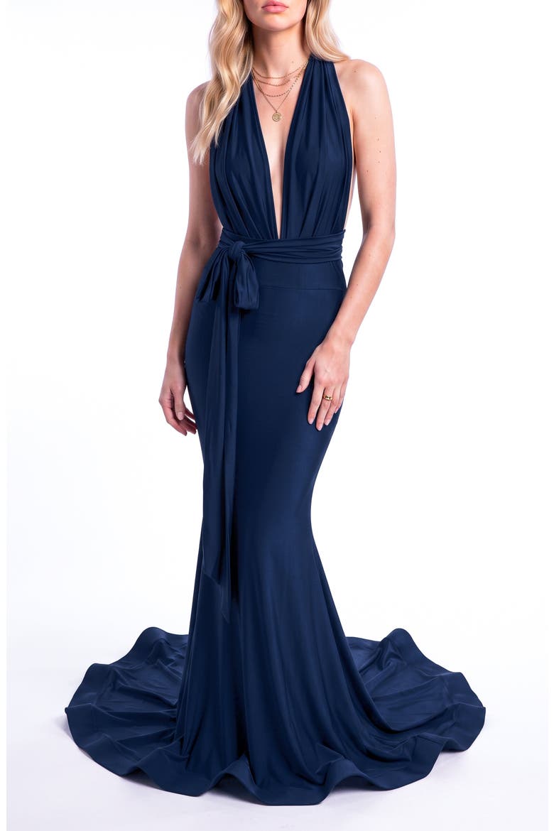 Plunging V-Neck Tie-Waist Mermaid Evening Gown, Alternate, color, Navy