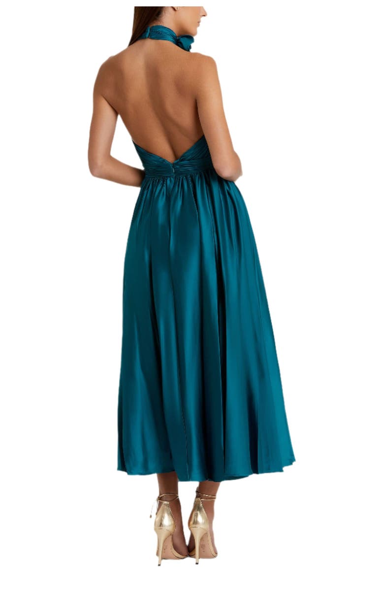 Mac Duggal Pleated Charmeuse High Neck Sleeveless Midi Dress, Alternate, color, Ocean