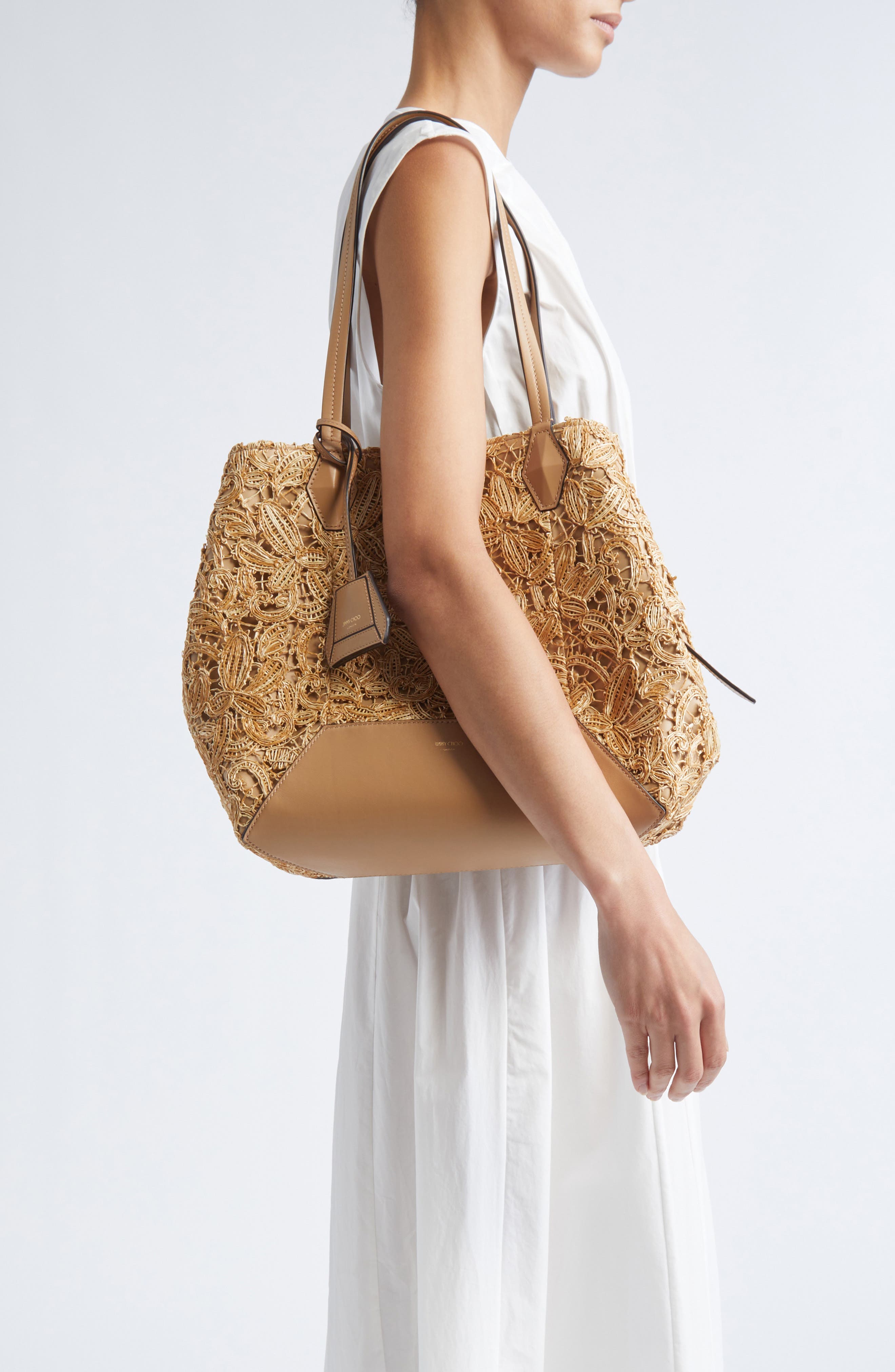 Jimmy Choo Medium Diamond Raffia Tote, Alternate, color, Natural/ Gold