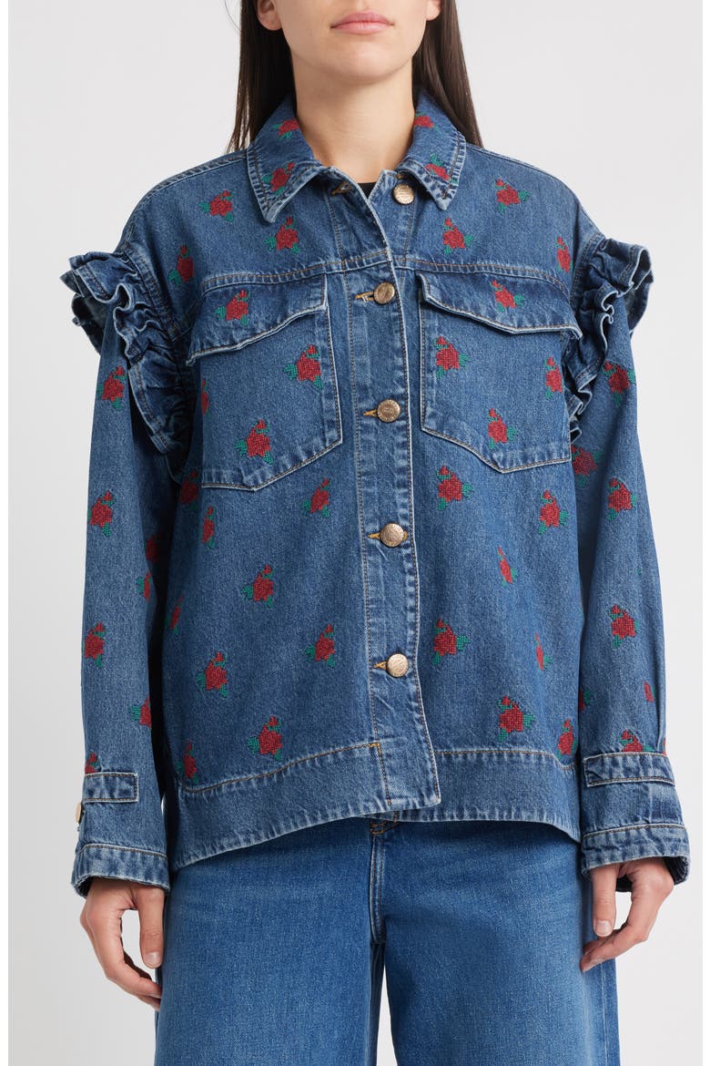 Floral Cross Stitch Denim Jacket, Alternate, color, BLUE DENIM